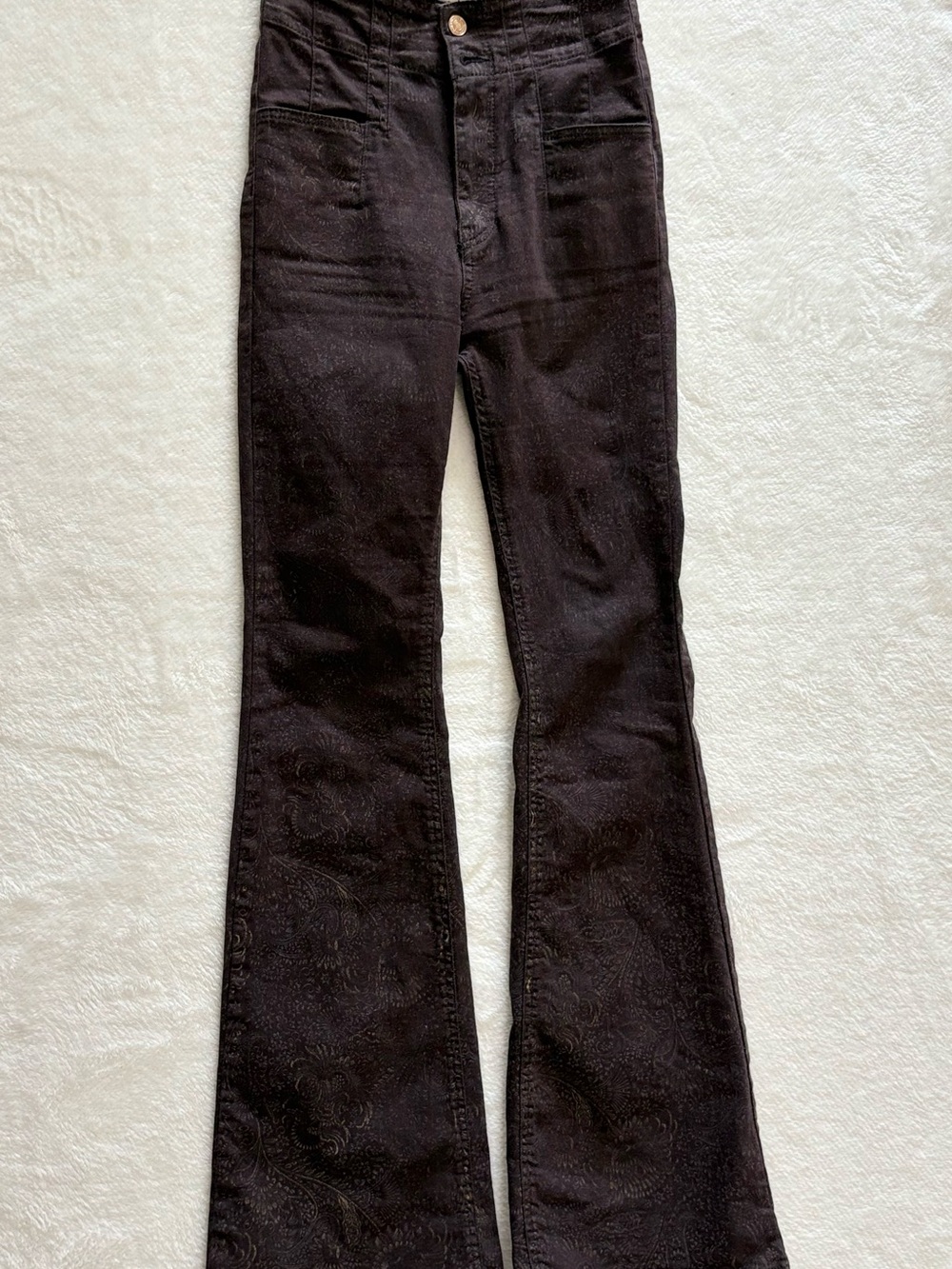 We The Free Brown High-Rise Flare Jeans with Subtle Embossed Pattern